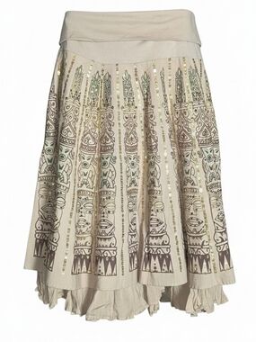 Vintage Basil & Maude Beige Printed Midi Skirt with Metallic Accents